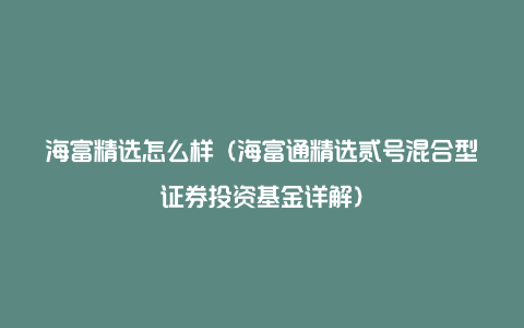 海富精选怎么样(海富通精选贰号混合型证券投资基金详解)