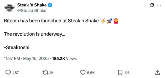 Steak 'n Shake宣布接受比特币闪电网络 BTC将全面进入商业应用市场